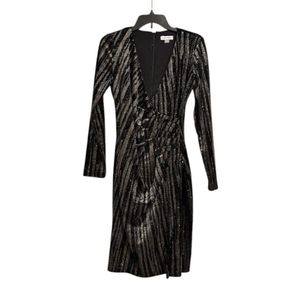 Calvin Klein Black Velvet Gold Sparkles Deep V Neck Dress Long Sleeve Women 4